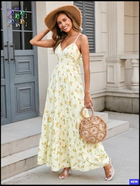 Floral Maxi Sundress Boho V Neck Spaghetti Strap Backless Bow Tie Beach Dress - Picture 5 of 7